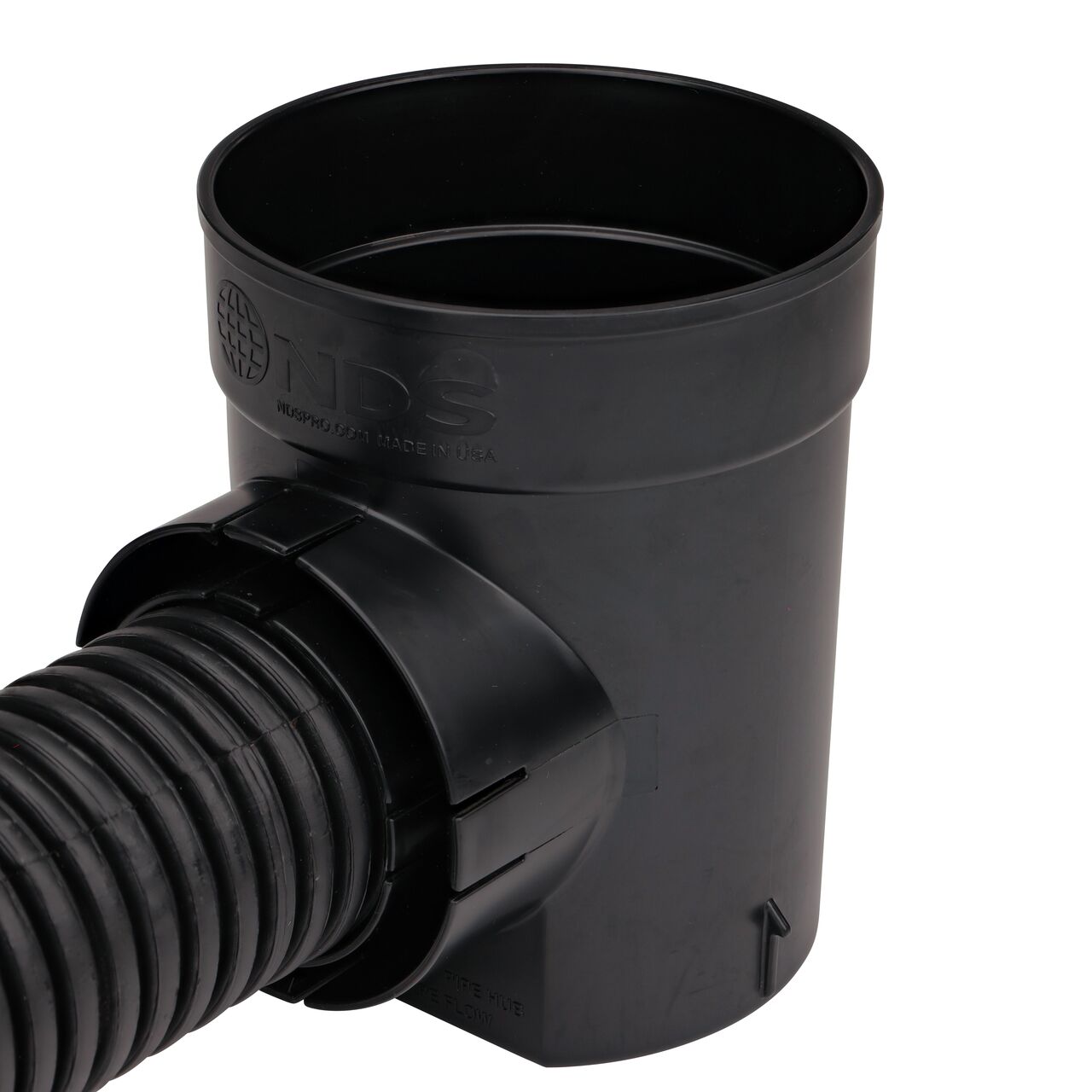The outlet on the NDS 6 in. Round Spee-D® Catch Basin Drain (NDS 101) connects to 3 in. corrugated pipe.