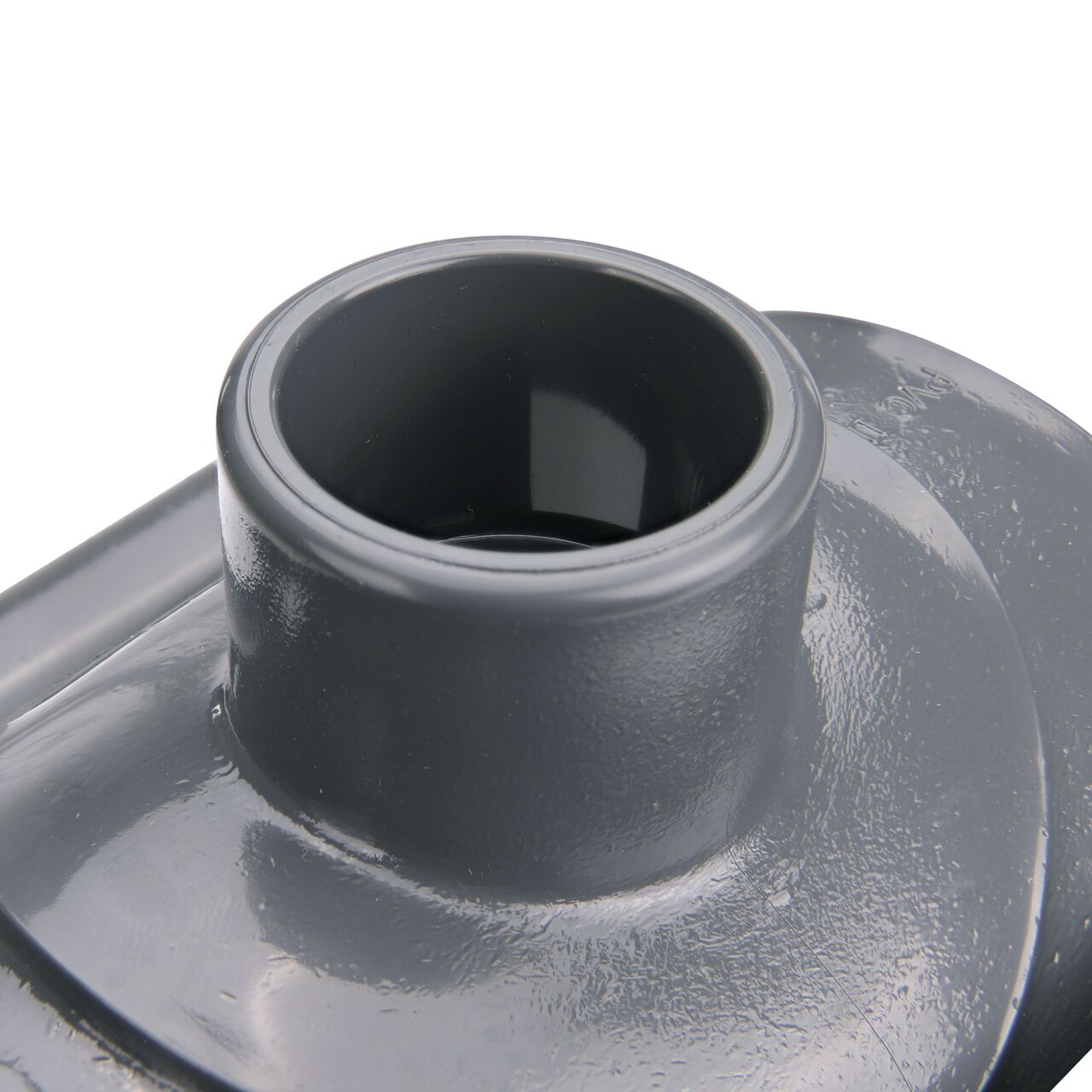 Closeup of the 1 in. slip connection on the NDS Clamp-It™ Rigid PVC Saddle (NDS 453010) for 3 in. PVC pipe