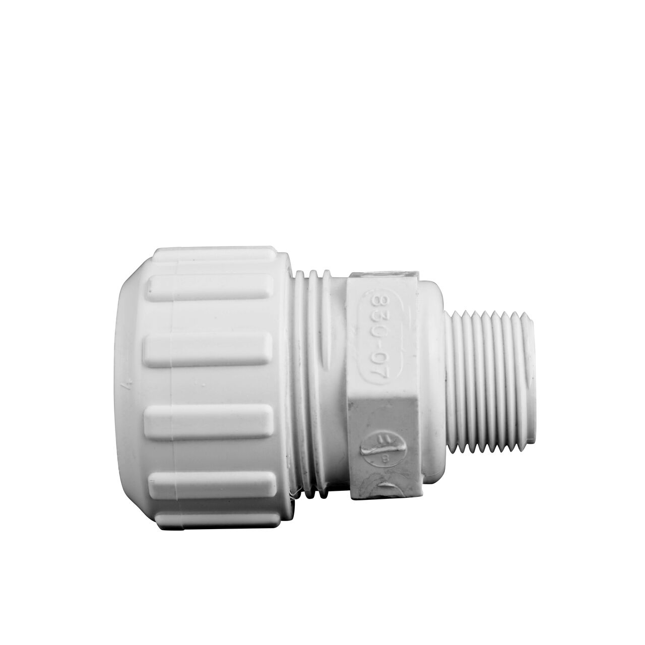 Side View of the NDS 3/4 in. SIDR-7 MPT X PE TS Flo-Lock™ Gripper Adapter (NDS 830-07) which transports water through pipes