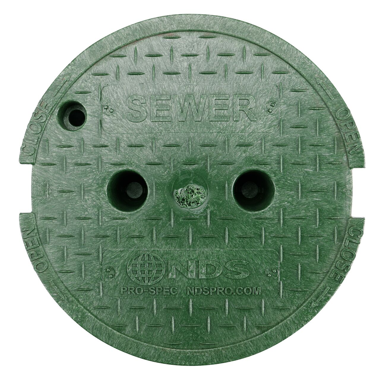 Top down view of the top side of the Green Sewer cover for the NDS 10 in. Round Pro-Spec® Series (NDS 312BCS) shows markings, two finger slots to twist and remove lid