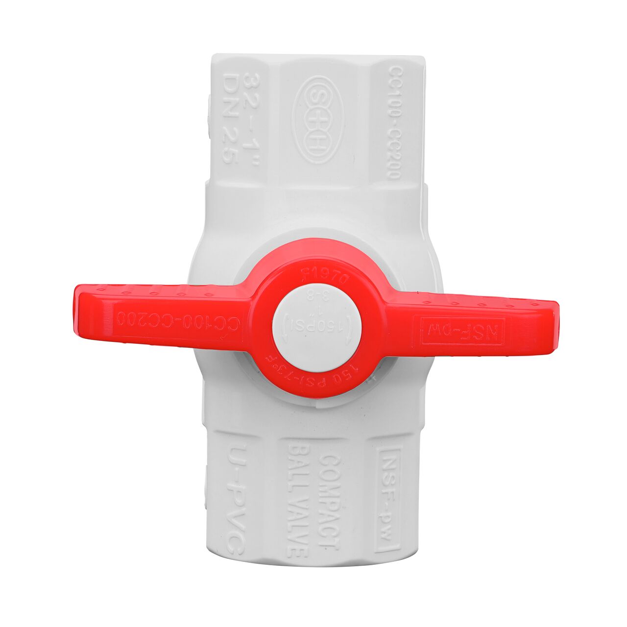 Closeup of the NDS IPS Ball Valve showing that the handle is made of durable PVC material perfect for irrigation or other pressurized system (NDS E1410-10)