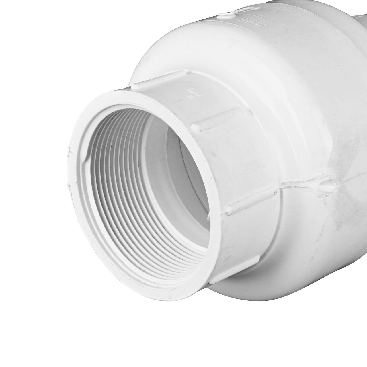 Closeup of the non-sloped end of the threaded NDS 3 in. White PVC Spring Check Valve (NDS 1001-30)