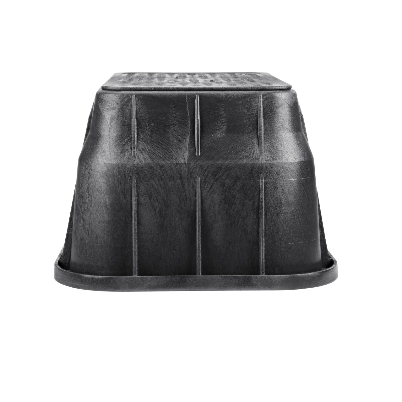 Side view of the shorter width side of the NDS 13 in. x 24 in. Rectangular Pro-Spec® Series Valve Box & Irrigation Control Valve Cover (NDS 325BCBBLK) rugged enclosure for water and irrigation pipe connections