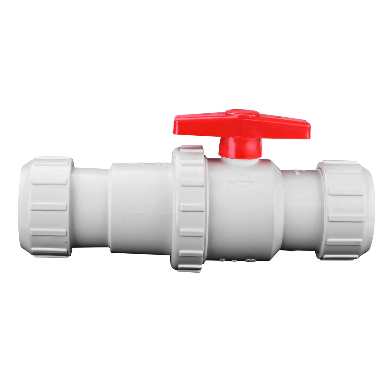 Side view of NDS White 2 in, IPS UC X UC Checkmate PVC Swing Check and Ball Valve Combination (NDS 2200-20UC)
