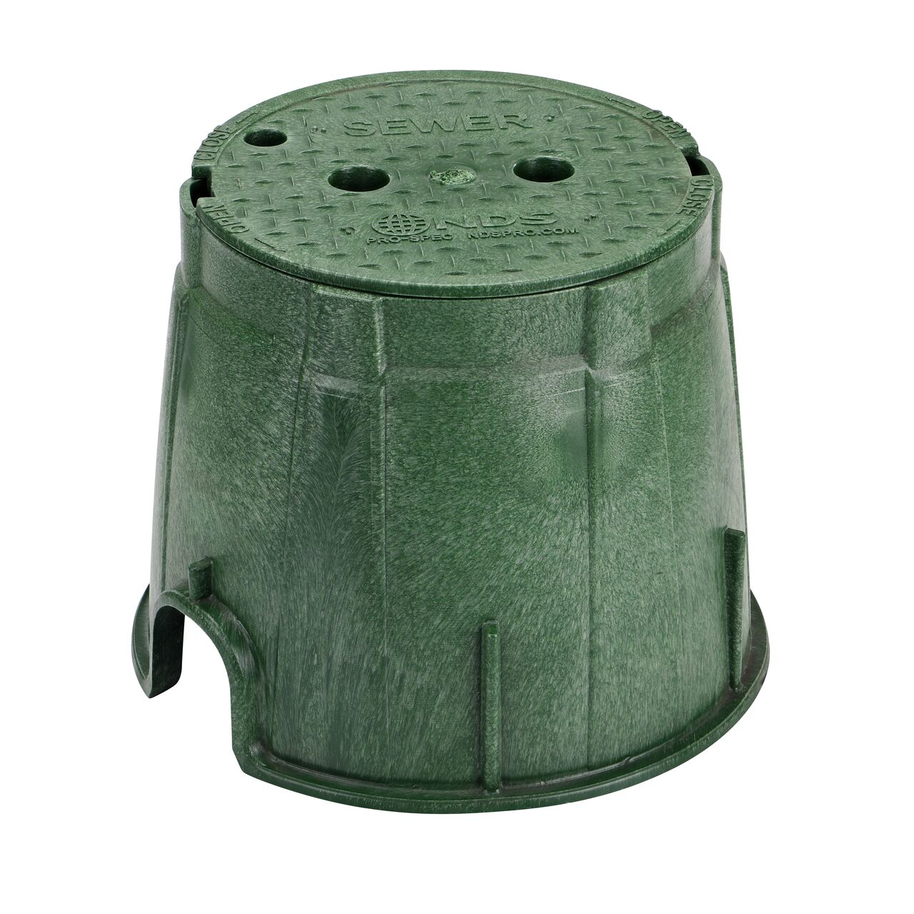 The NDS 10 in. Round Pro-Spec® Series Valve Box and Cover is a 10 in. high Green Box and Green Cover with Sewer markings on the lid (NDS 312BCS) protect underground irrigation and sprinkler system components and keep them out of sight