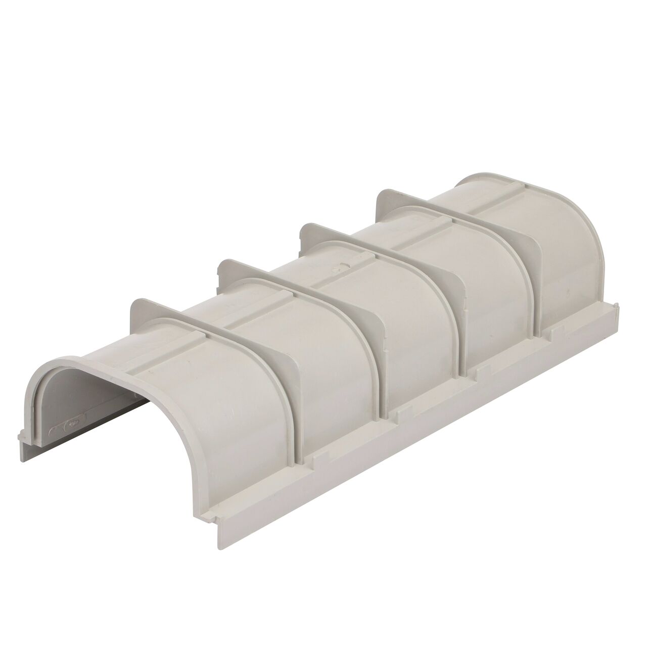 Bottom view of 8 in. Pro Series Channel Drain, Shallow Profile, featuring Side Ribs & Stabilizing Ribs (NDS 830)