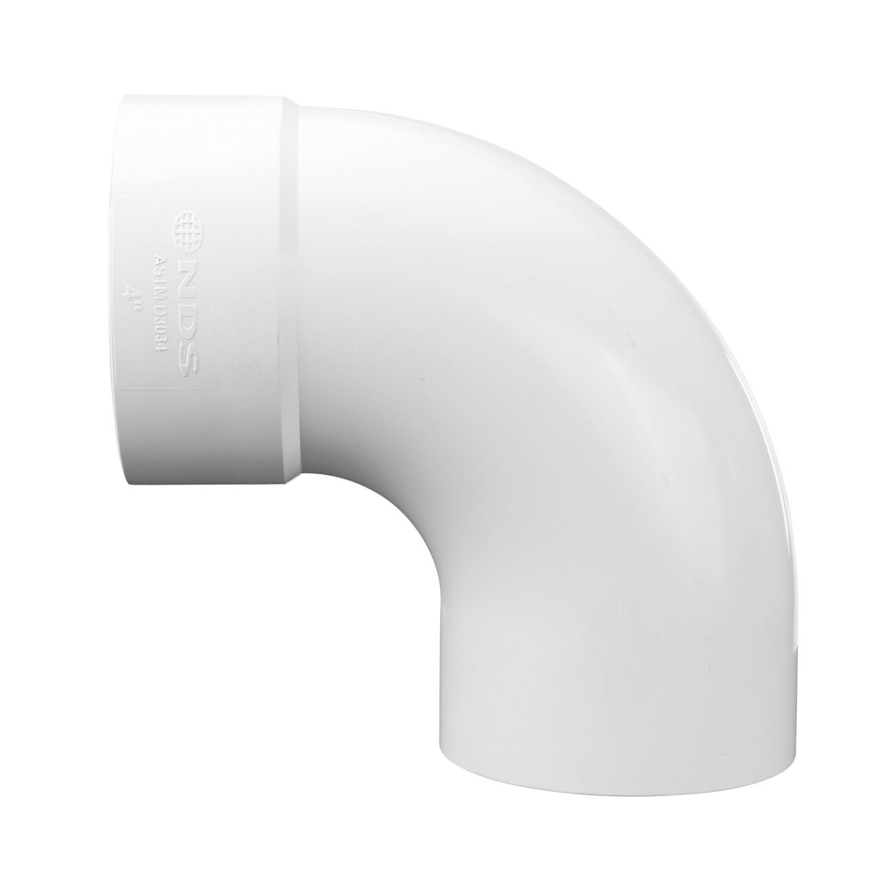 Side view of the PVC 90° long-turn street elbow; connects 4 in. Hub to Spt (NDS 41P0ST, NDS 41P0ST*, NDS L41P0ST, NDS M41P0ST)