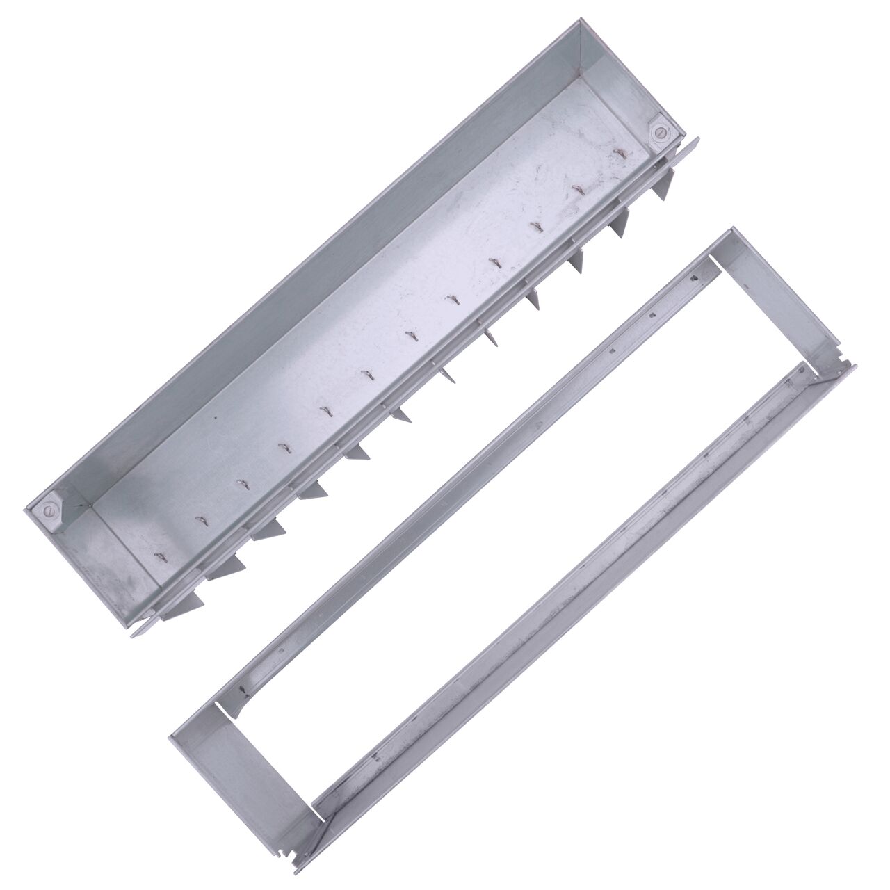 Top Down Unassembled View of NDS Dura Slope Channel Drain Slot Top Maintenance Unit (DS-SS-STMAINT) which includes a removable maintenance unit and an in-place unit for each access to inside the Dura Slope Channel Drains