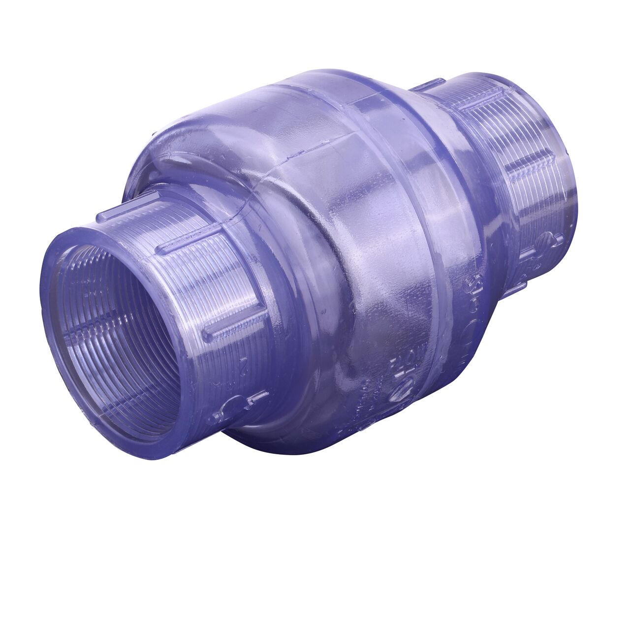 Alternate direction of the NDS Clear 2 in. female end by female end PVC Swing Check Valve (NDS 1520C20F). Water is conveyed one-way through the valve when the flap opens.