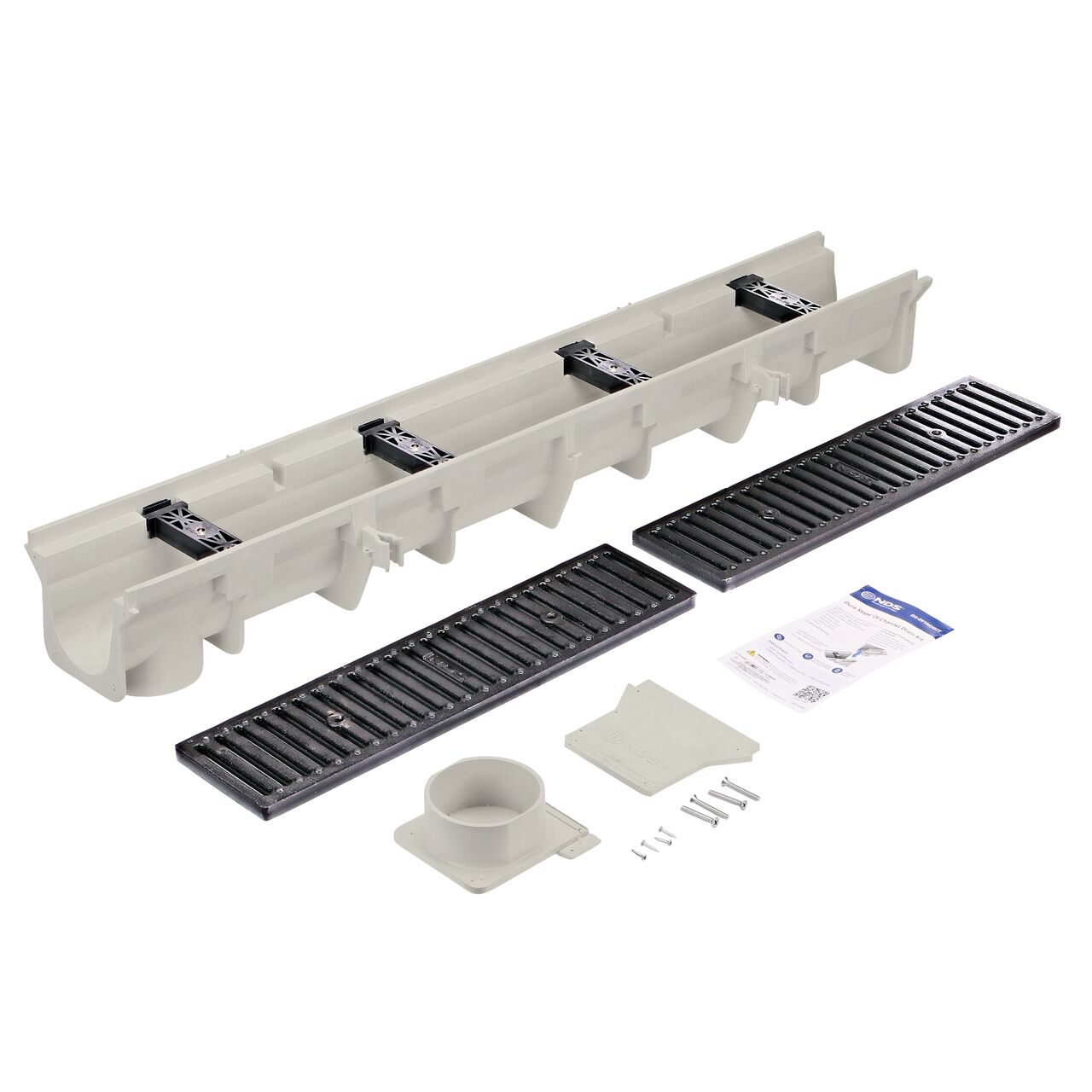 The NDS Neutral Dura Slope Channel Drain Kit includes a 4.3 in. deep neutral channel drain section with the ProFit™ locking system that locks the grates to the integral frame installed, along with two ductile iron grates, an end cap and end outlet pre-cut to fit this size drain, and screws to completely assemble one kit (NDS DS-091NDIKIT)