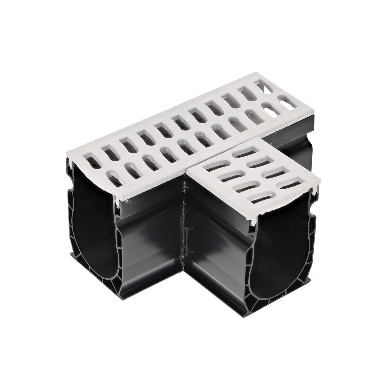 Hero shot of the Gray Slim Channel™ Drain Tee and Grate (NDS 9373)