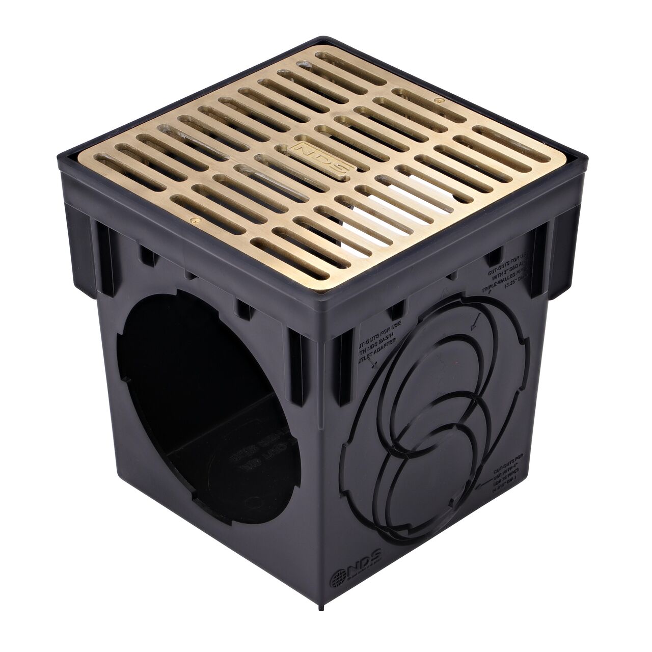 Brass Metal 9 in. Square Catch Basin Drain Grate (NDS 930B) installed on 9 in. Catch Basin Drain (NDS 900)
