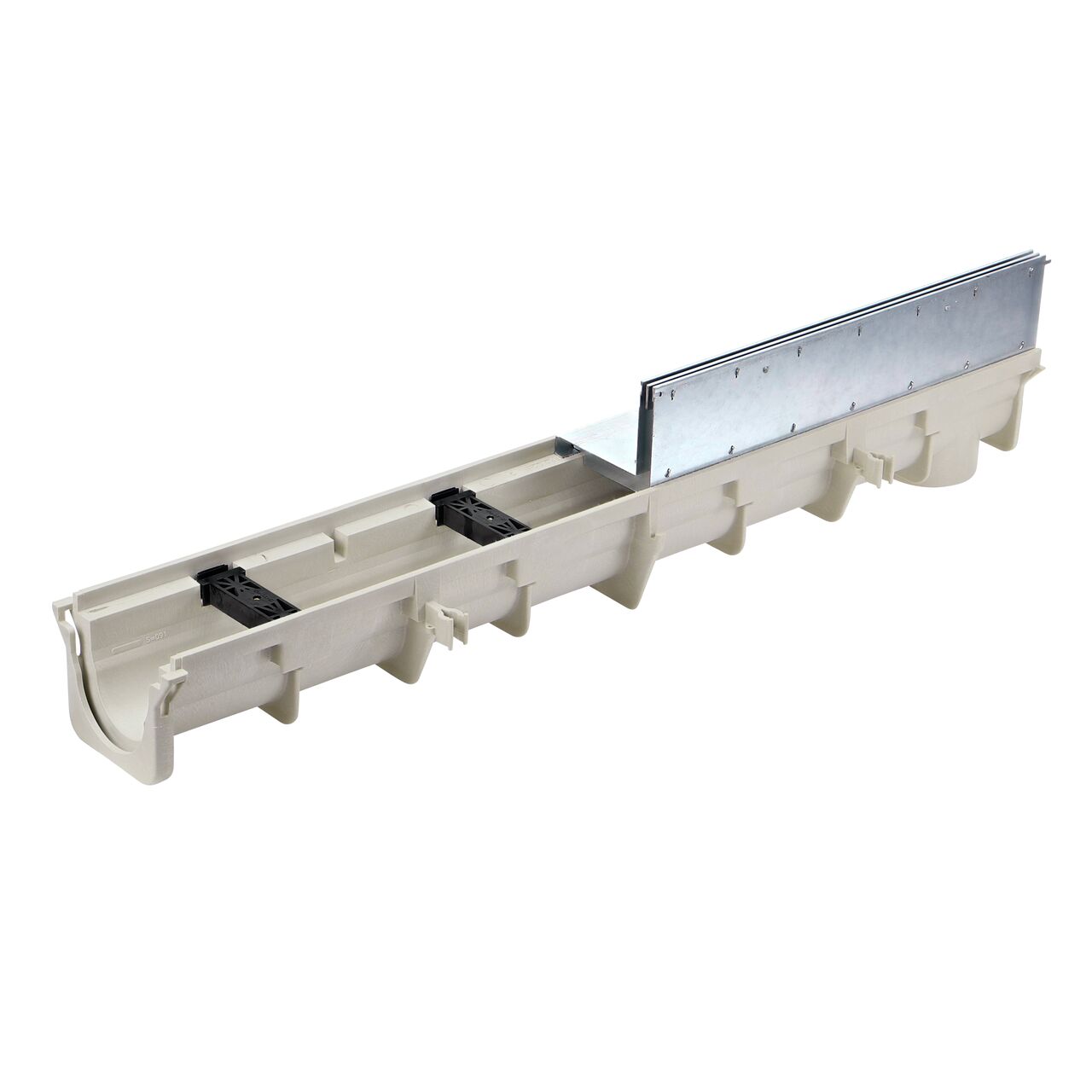The 2 feet long NDS Dura Slope galvanized steel slot top channel drain grate (NDS DS-ST2) installed on a NDS Dura Slope Channel Drain (NDS DS-091)