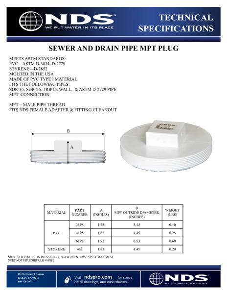 NDS S&D Cleanout Plug MPT Tech Spec