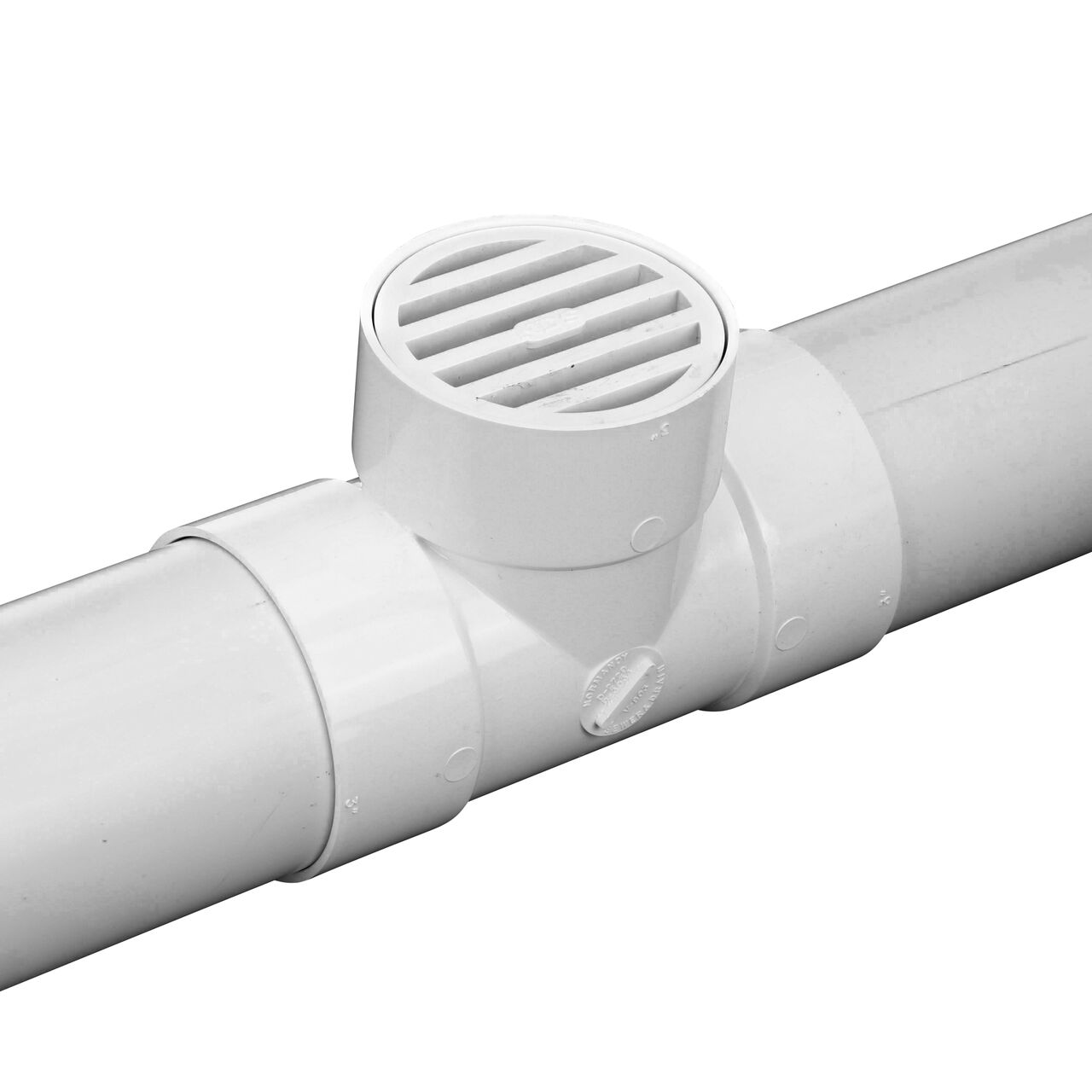 3 in. S&D pipe attached to two ends of the NDS 3 in. PVC Sewer and Drain Tee (NDS 3P01*, NDS 3P01) with a PVC S&D Fitting Grate attached to the middle opening (NDS 9P12)