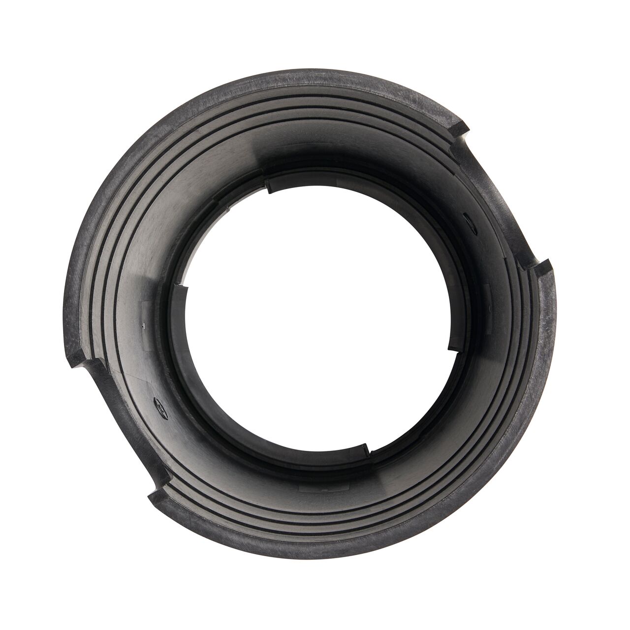 Top down view of the underside on the durable Black plastic 6 in. Round Standard Series Valve Box (NDS 2107B) showing the tapered design that adds strength and security within the surrounding soil