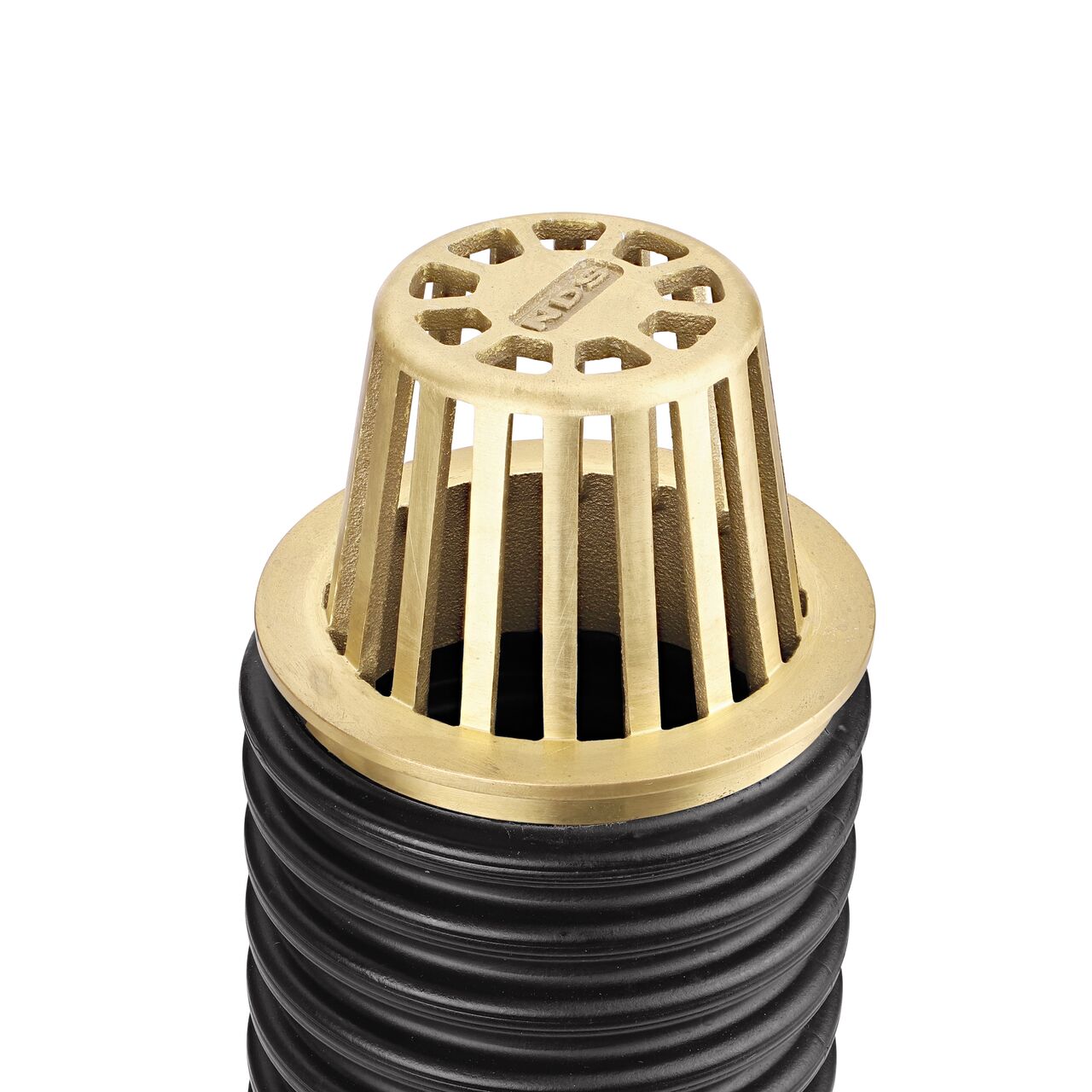 NDS Brass 4 in. Atrum Grate (NDS 78B) installed on 4 in. Single-Wall Corugated Pipe