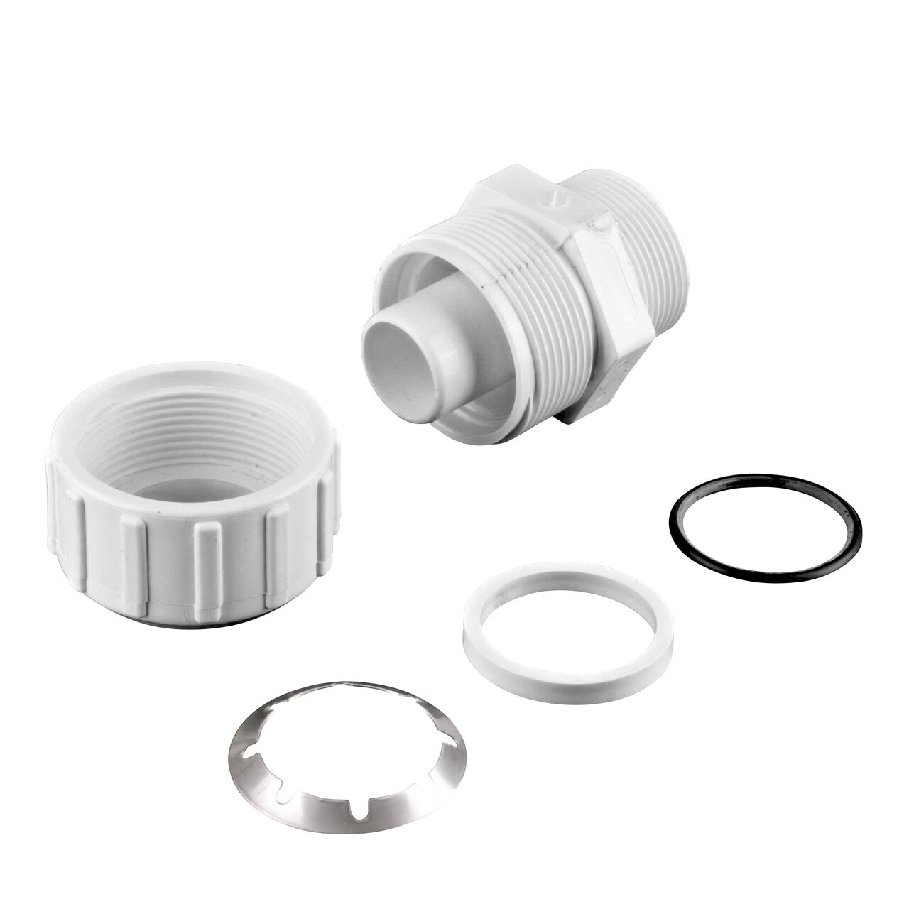 The NDS 1-1/2 in. SDR-9 CTS X 1-1/2 in. MPT Flo-Lock™ Gripper Adapter fully unassembled showing the steel gripper, EPDM O-Ring, and stiffner (NDS 730-15)