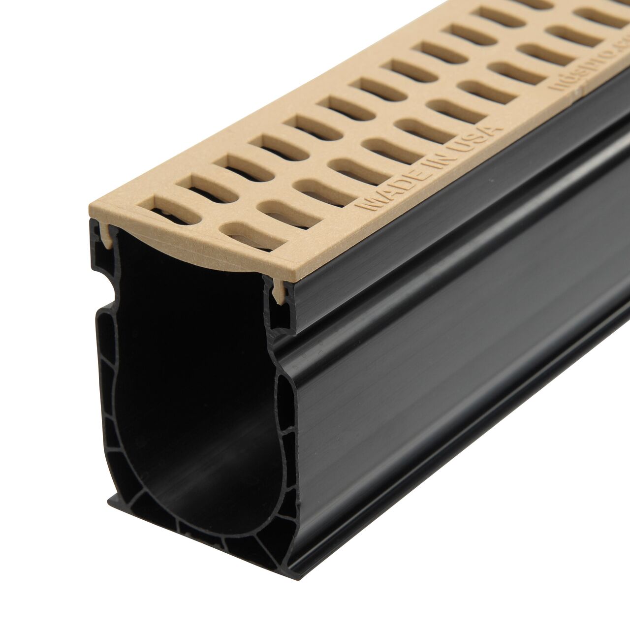 Closeup of the end of the Slim Channel™ Drain (NDS 9206SKITRTL, NDS 9206SKIT, NDS 9206) and Slim Channel™ Sand Drain Grate (NDS 9242)