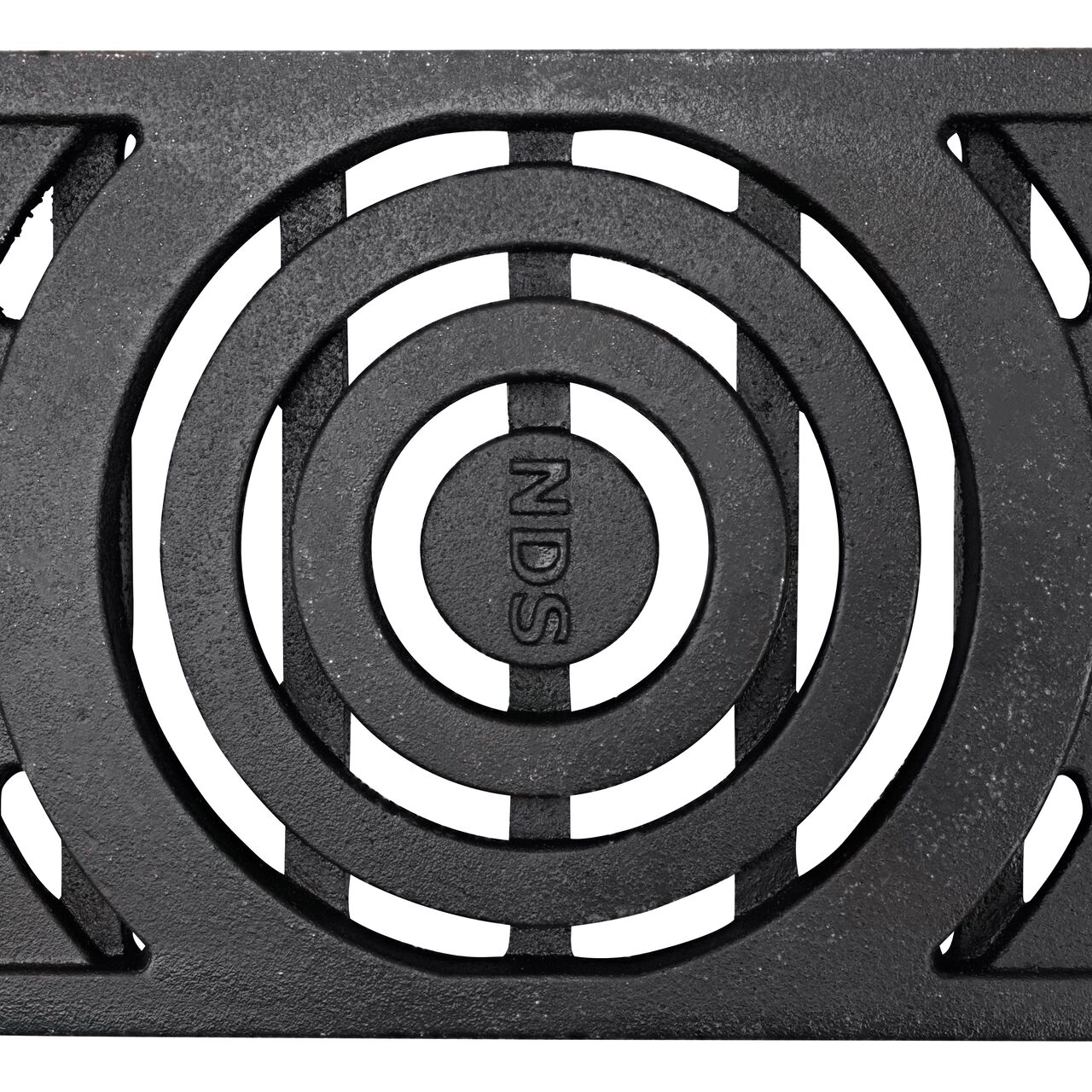 Top Down View of the ductile iron decorative Ville Slot design Dura Slope™ Channel Drain Grate (NDS DS-612-VILLE)