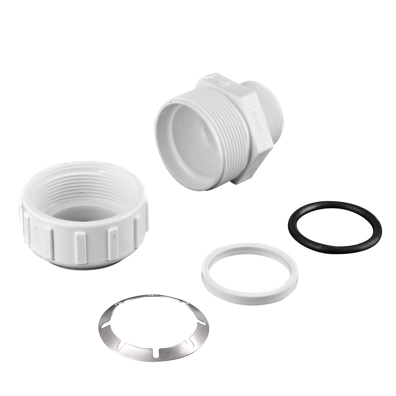 The NDS 1-1/2 in. Flo-Lock™ Gripper Adapter fully unassembled showing the steel gripper and EPDM O-Ring (NDS 135-15)