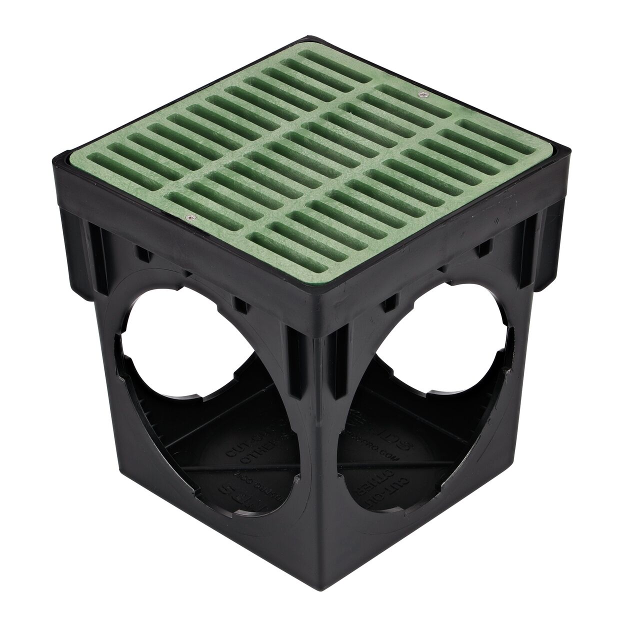 9 in. green plastic grate (NDS 990) installed on a black plastic 9 in. Catch Basin Drain  with 4 Openings (NDS 900-4)