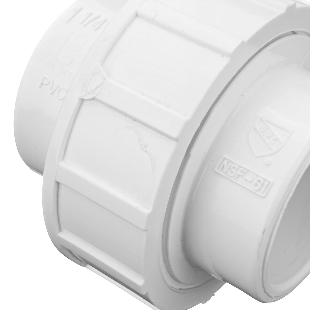 Close up view of the PVC Union, 1-1/4 in. Sch. 40 S X S showing NDS brand a leader in flow management solutions and the preferred choice of professionals since 1972 mark (NDS WU-1250-S)