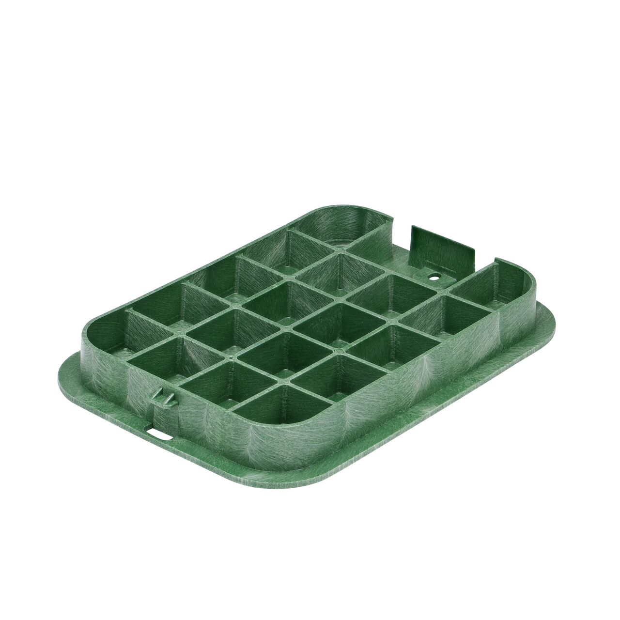 Bottom view of the reinforced ribs on the NDS 14 X 19 in. Green Irrigation Control Valve cover (NDS 113C) that fits the NDS 14 X 19 in. Standard Series Valve Box