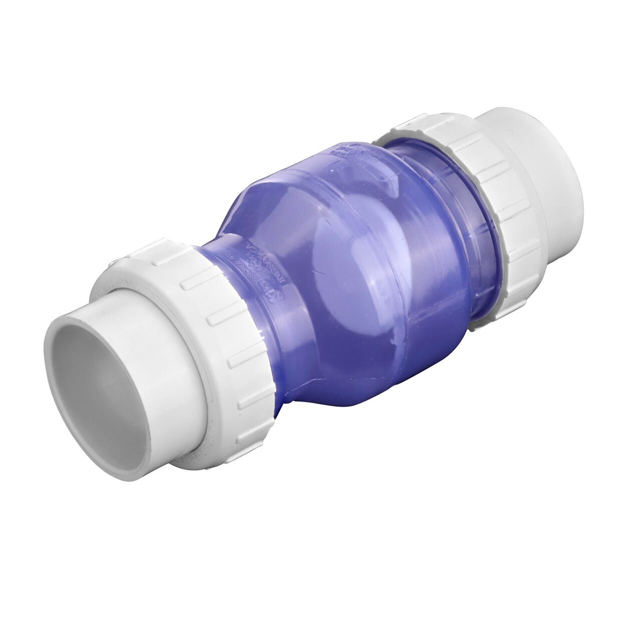 The clear NDS 3 in. PVC True Union Swing Check Valve (NDS 1720C30) directs water flow one-way through pipe
