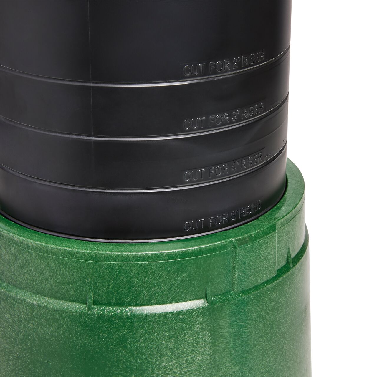 Closeup view of the Spee-D® riser (101R) connects onto NDS Green Plastic 6 in. Round Standard Series Box that reaches up to 6 in. above the surface  (NDS 2108B)