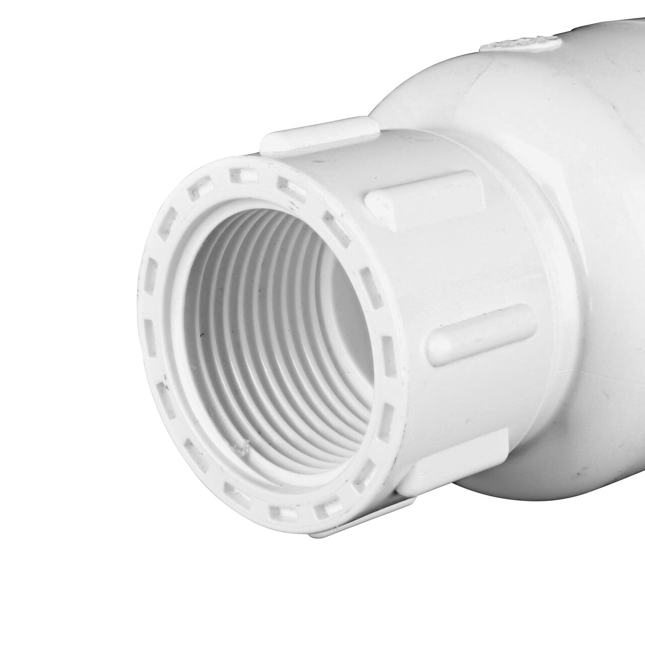 Closeup of the non-sloped end of the threaded NDS 3/4 in. White PVC Spring Check Valve (NDS 1001-07, NDS 1002-07)