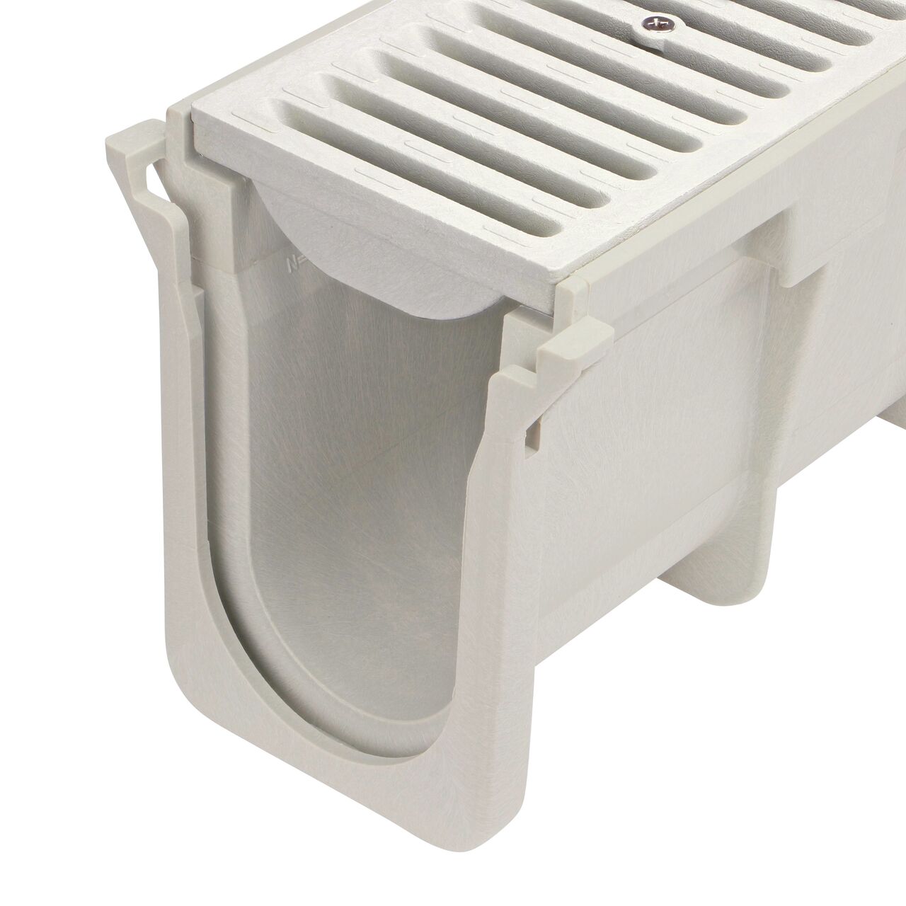 Closeup groove (female) side of the NDS 7.36 in. to 7.69 in. Deep Dura Slope Channel (NDS DS-101) with the Standard Duraslope Light Gray Grate installed (NDS 661LG)