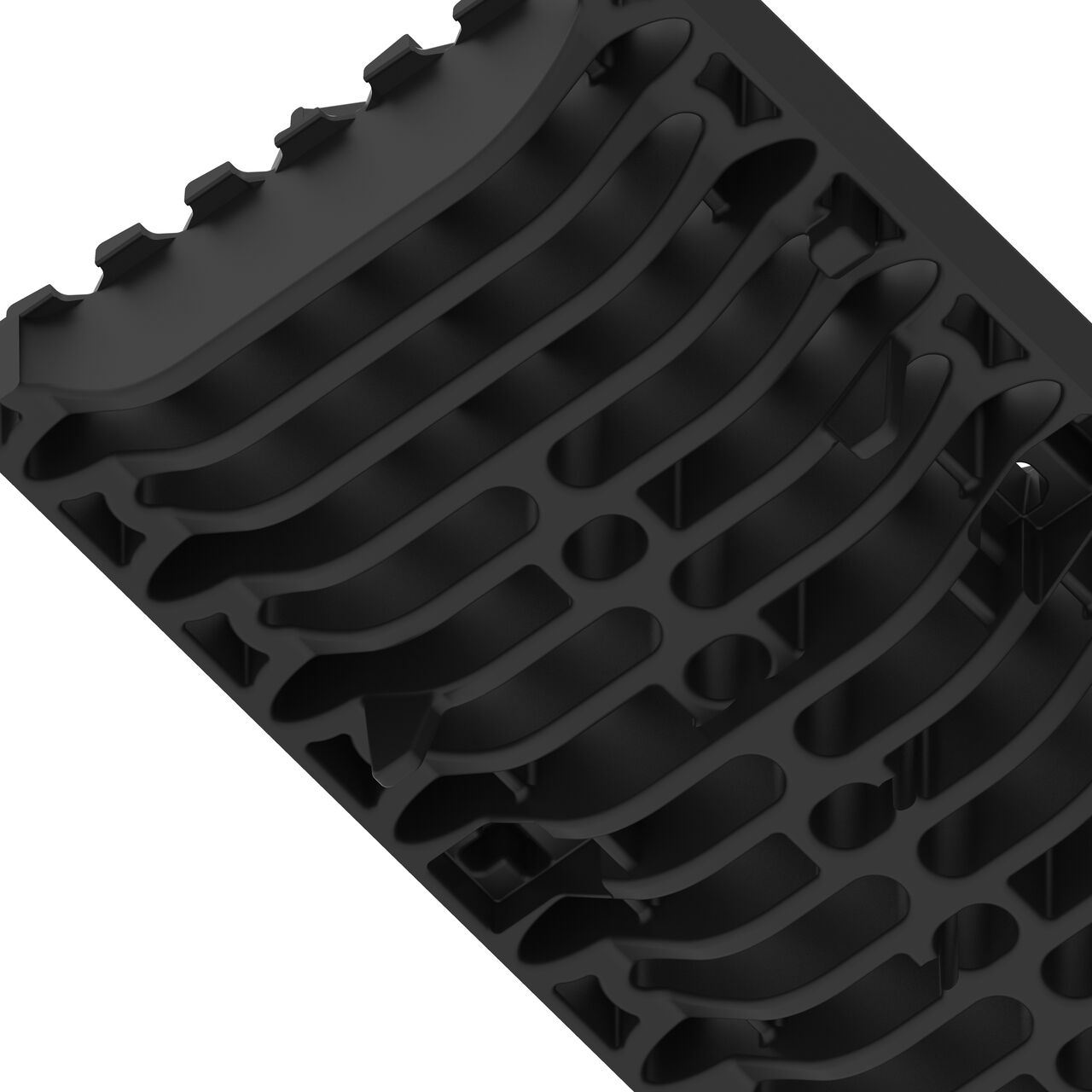 Underside of the class C COMBee design plastic BG-FILCOTEN® 100 Trench Drain Grate (NDS 17010402) showing part number, support legs, and secure clips