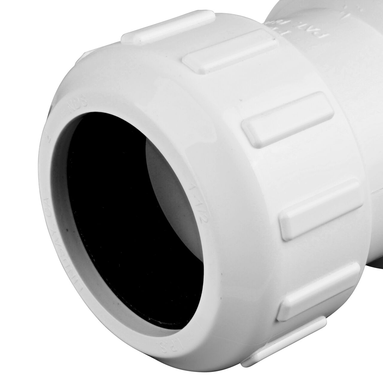 Closeup of the handle and flow markings on the NDS White 1-1/2 in, IPS UC X UC Checkmate PVC Swing Check and Ball Valve Combination (NDS 2200-15UC)