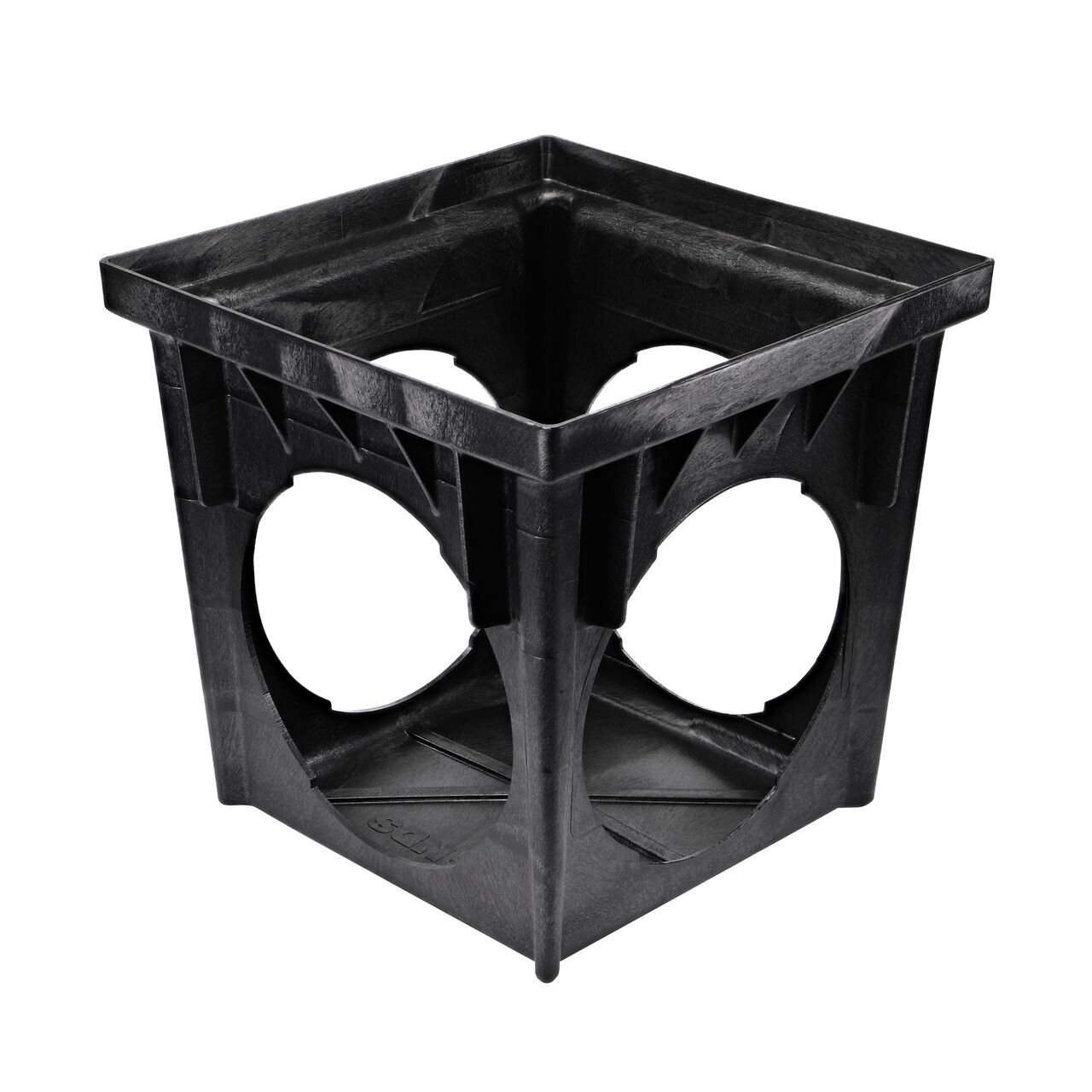 Black plastic 24 in. Square Catch Basin Drain with 4 Openings (NDS 2404) drains water away through attached pipes
