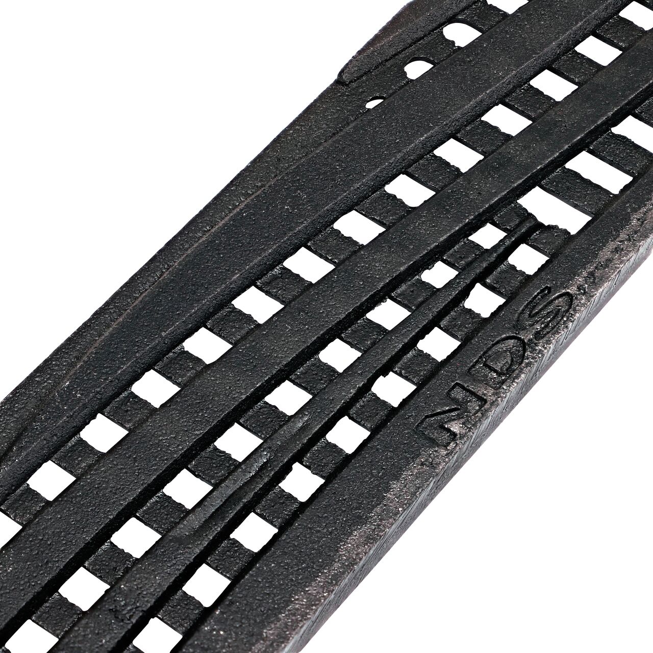 Closeup angled view of the Decorative Wave Cast Iron Metal Mini Channel™ Drain Grate (NDS 555CI)