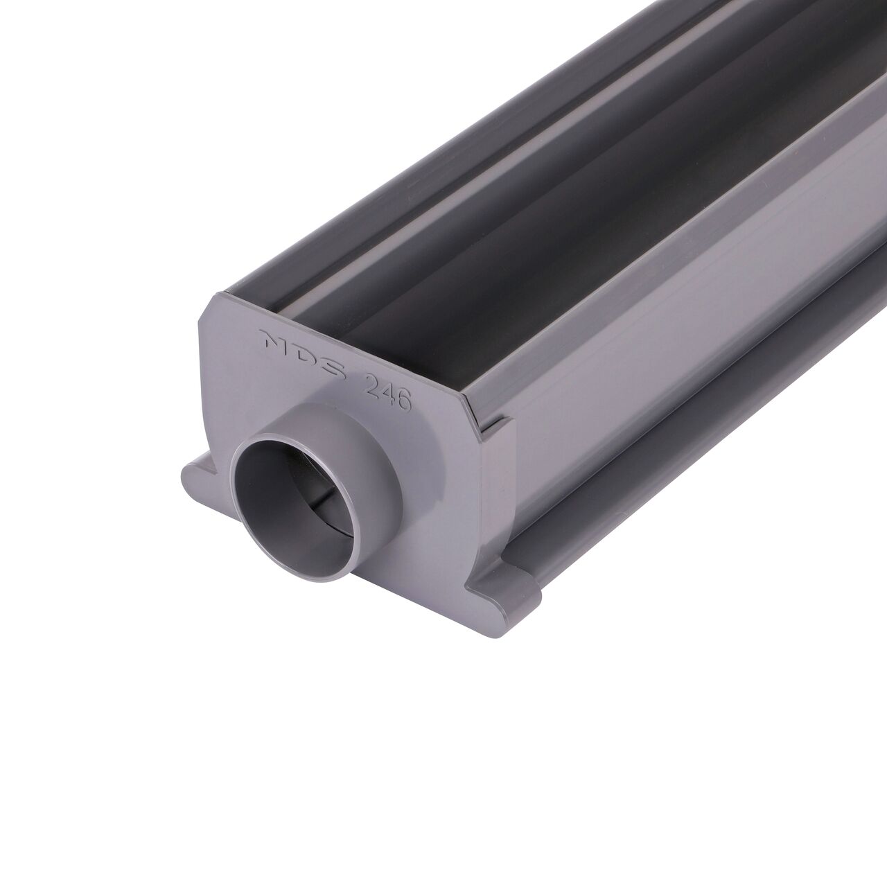 Closeup view of the NDS Spee-D® Channel Drain End Outlet (NDS 246), attached on end of Spee-D® Channel Drain (NDS 400, NDS 400-10)