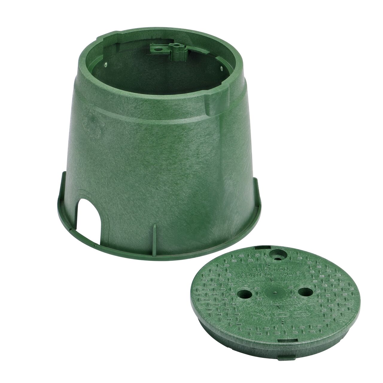 Unassembled View of the NDS 10 in. Round Standard Series Green Box and Green Irrigation Control Valve Cover (NDS 112BC) showing the overlapping cover with a bayonet twist-lock lid featuring two finger slots, making it easy to remove or secure onto the box