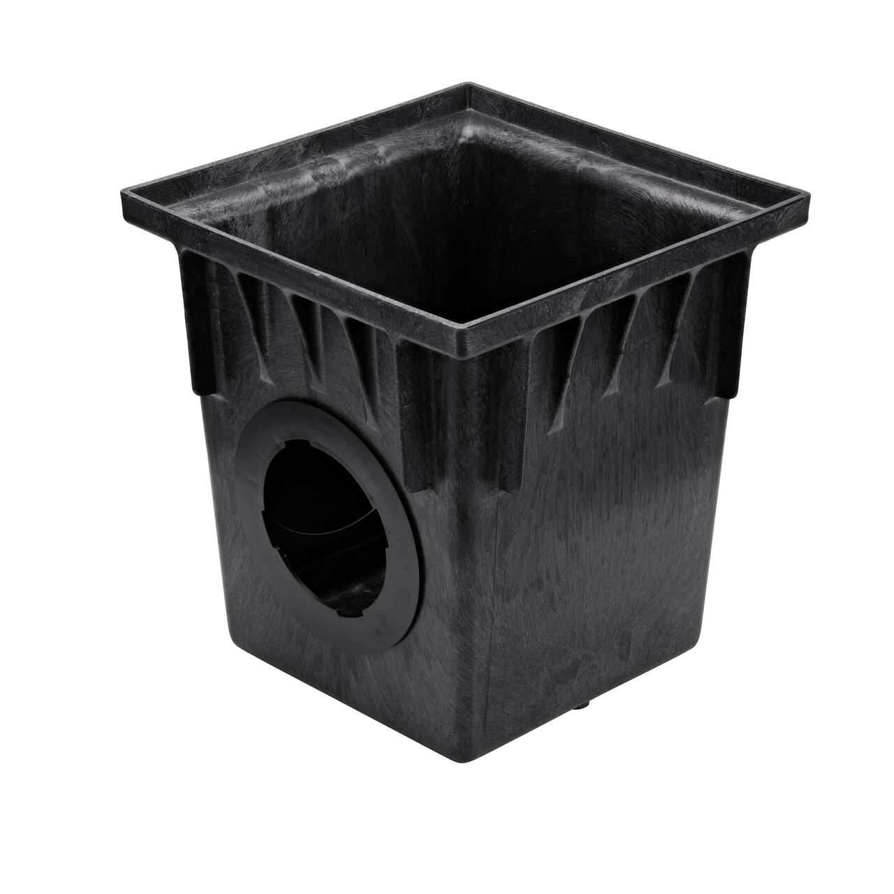 Black plastic 18 in. Square Catch Basin Drain with 2 Openings (NDS 1882) drains water away through attached pipes