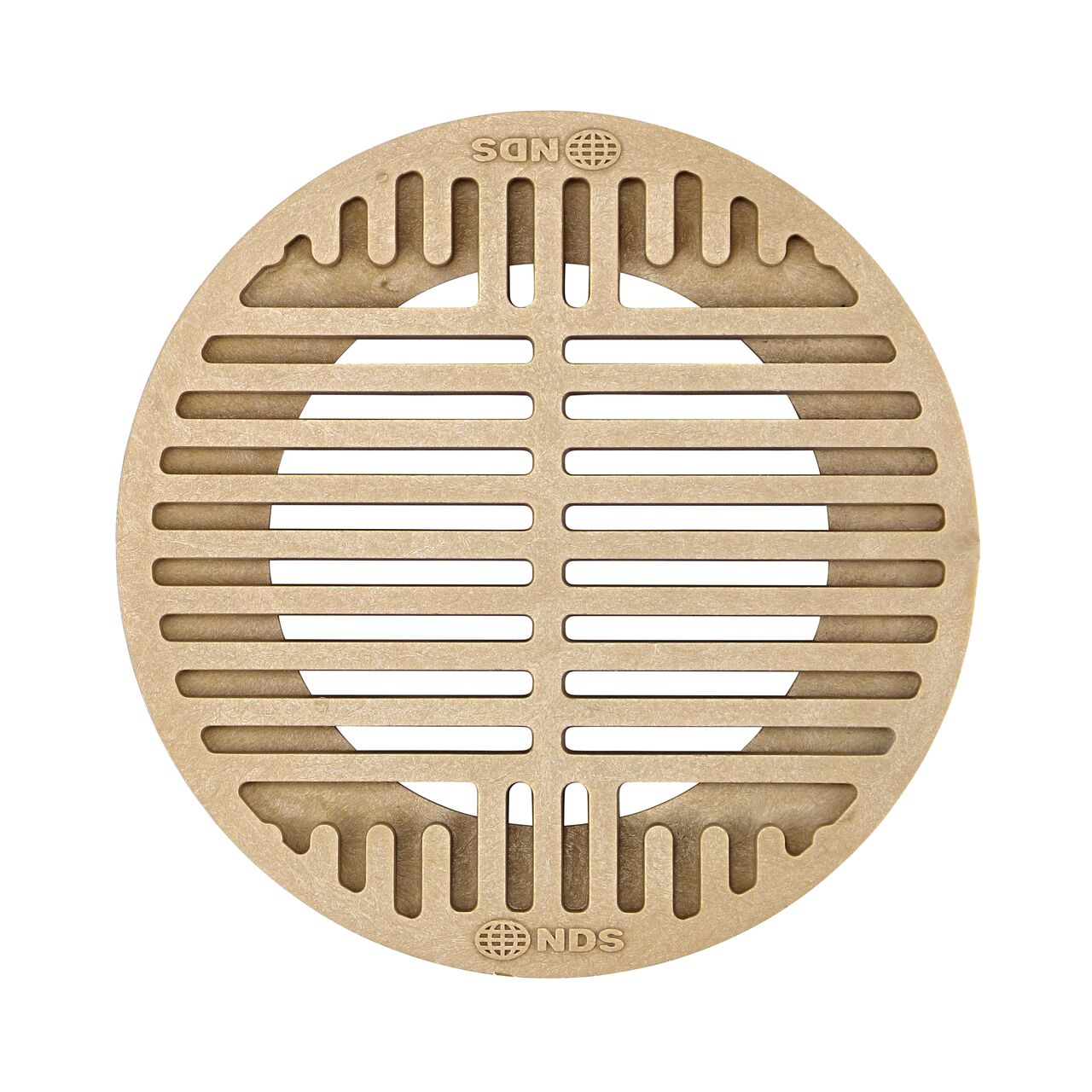 Top down view of the NDS 8 in. Sand Round Grate showing grate design for the 8 in. round grate that fits on a 6 in. pipe to help drain stormwater in the ground (NDS 30S)