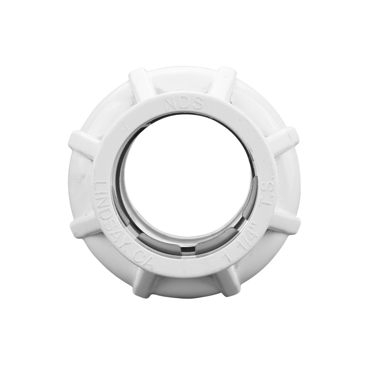 Inside view of the NDS 1-1/4 in. CTS FPT X 1-1/2 in. IPS Spigot Flo-Lock™ Gripper Adapter (NDS 935-125) from the CTS FPT connection end for a leak-proof joint with less chance of pipe pull-out