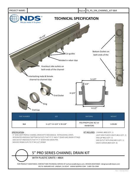NDS 5 in. Pro Series™ Channel Drain Kit Deep Profile Plastic Grates Tech Spec