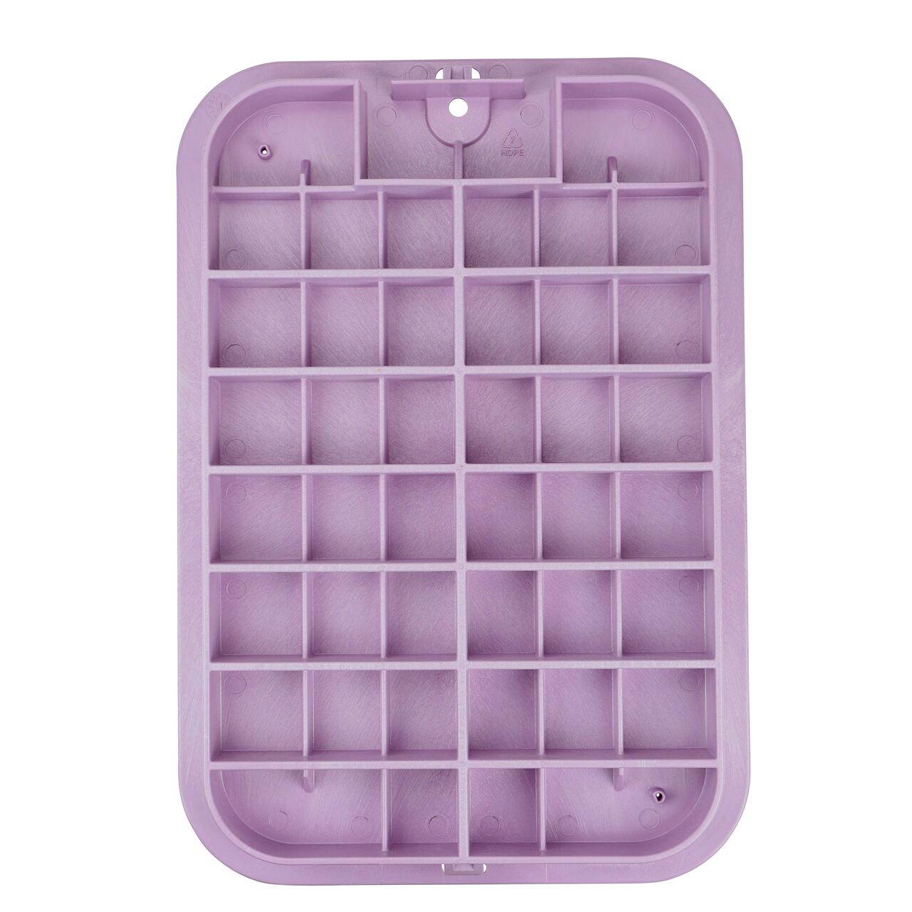 Top down view of the underside side of the Purple Reclaimed Water cover (NDS 318PBCBR) for the NDS 13 in. X 20 in. Rectangular Pro-Spec® Series Jumbo Valve Box showing reinforcing ribs that are load rated to withstand pedestrian traffic and the rigors of lawn care equipment