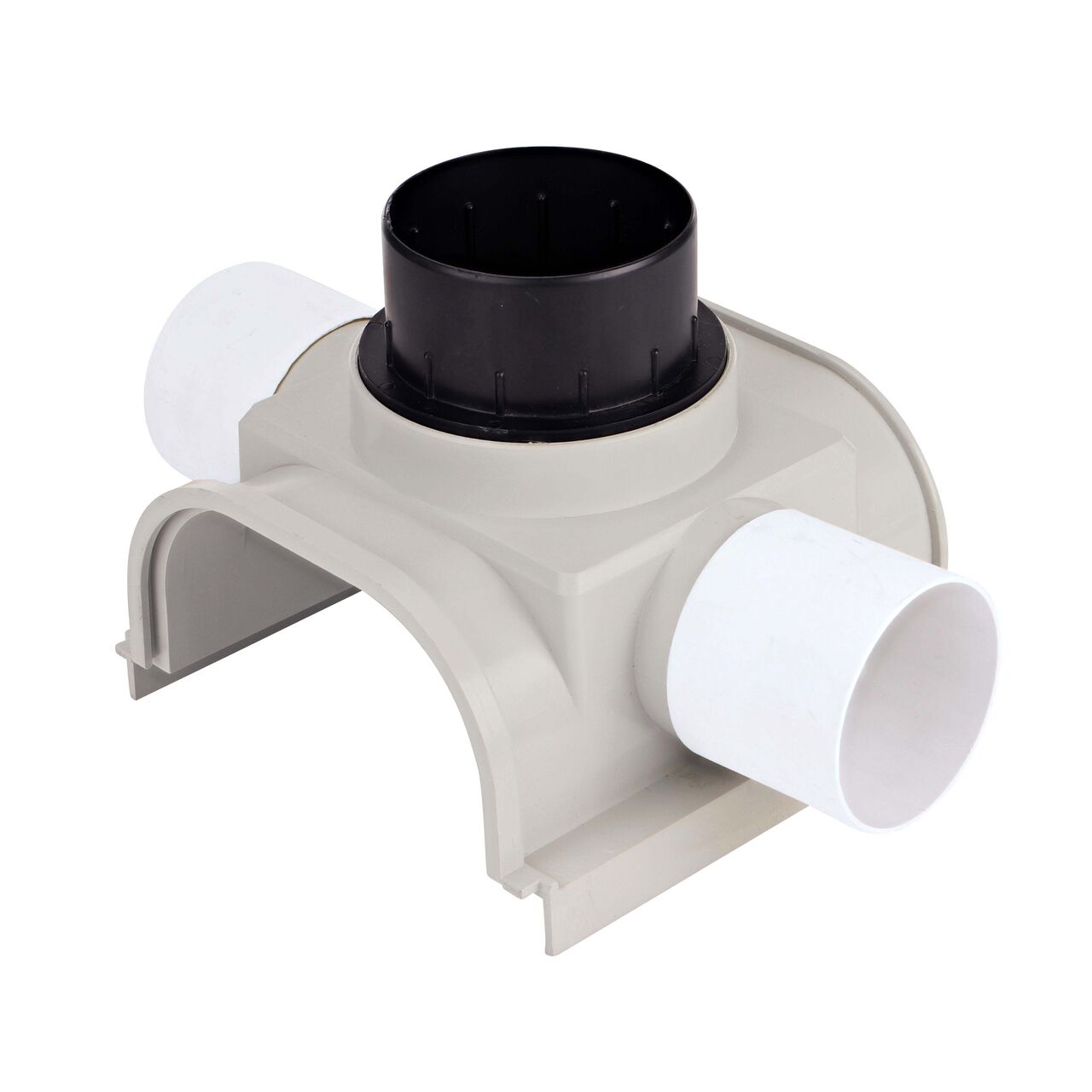 Bottom view of the NDS 8 in. Pro Series Channel™ Drain Side Outlet for Shallow Profile Channel Drain (NDS 832) to show connection to pipe