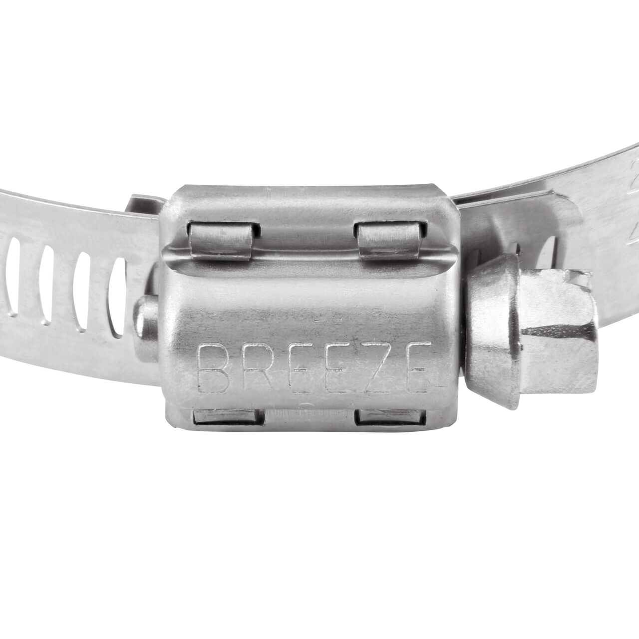Closeup view of the two-piece clamp housing made of Series 300 Stainless Steel on the NDS SAE 44 Worm Drive Hose Clamp with Aero Seal 1/2 in. band width (NDS 64044H)