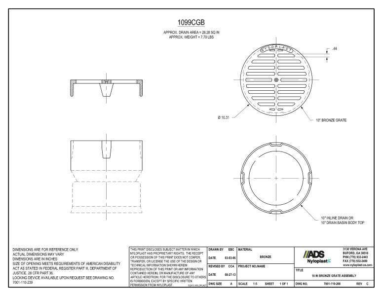 10" Bronze Grate Assembly (Inline Drain) Nyloplast Detail