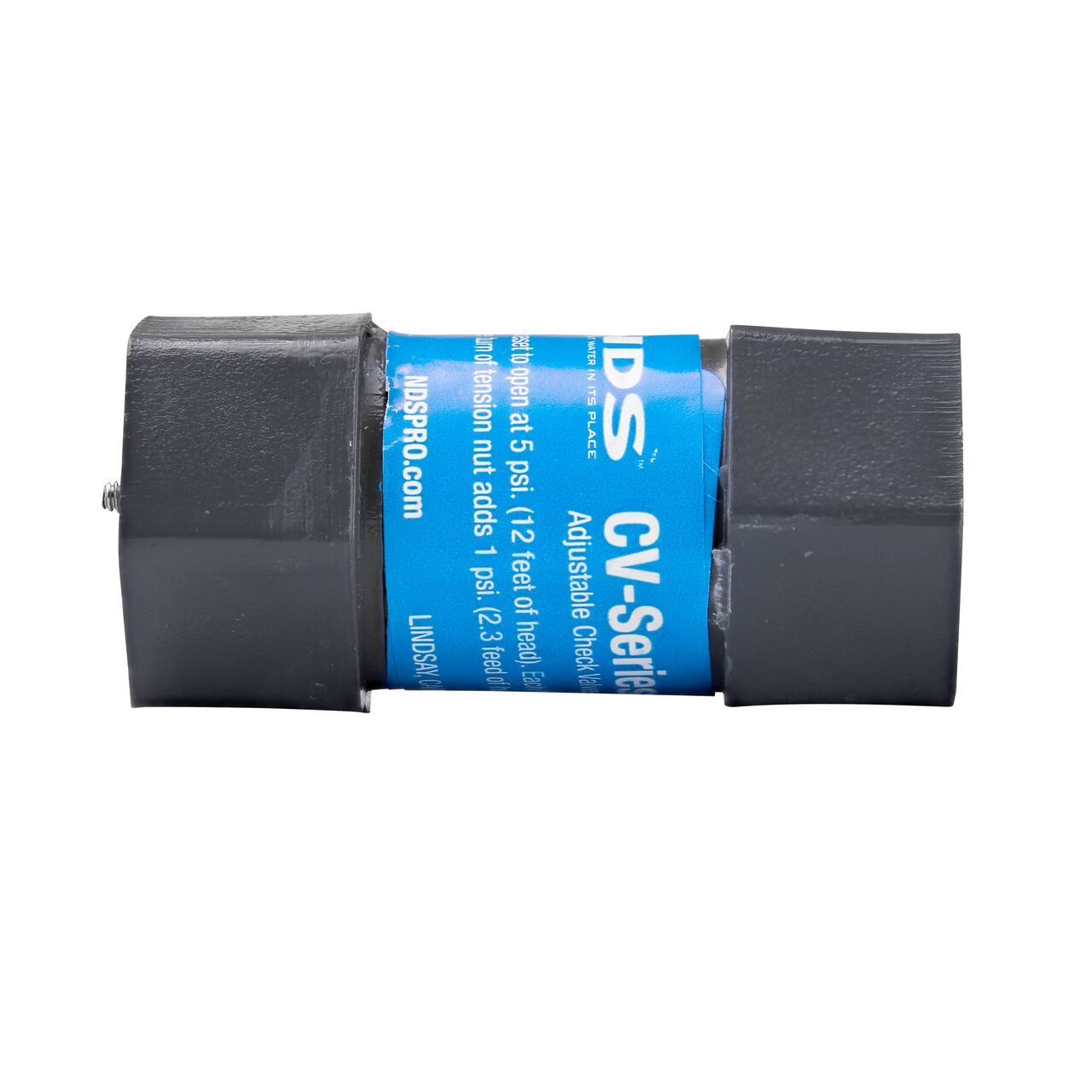 Side view of the NDS Gray 1/2 in. IPS FPT X FPT PVC Adjustable Inline Spring Check Valve (NDS CV-0500-FF)