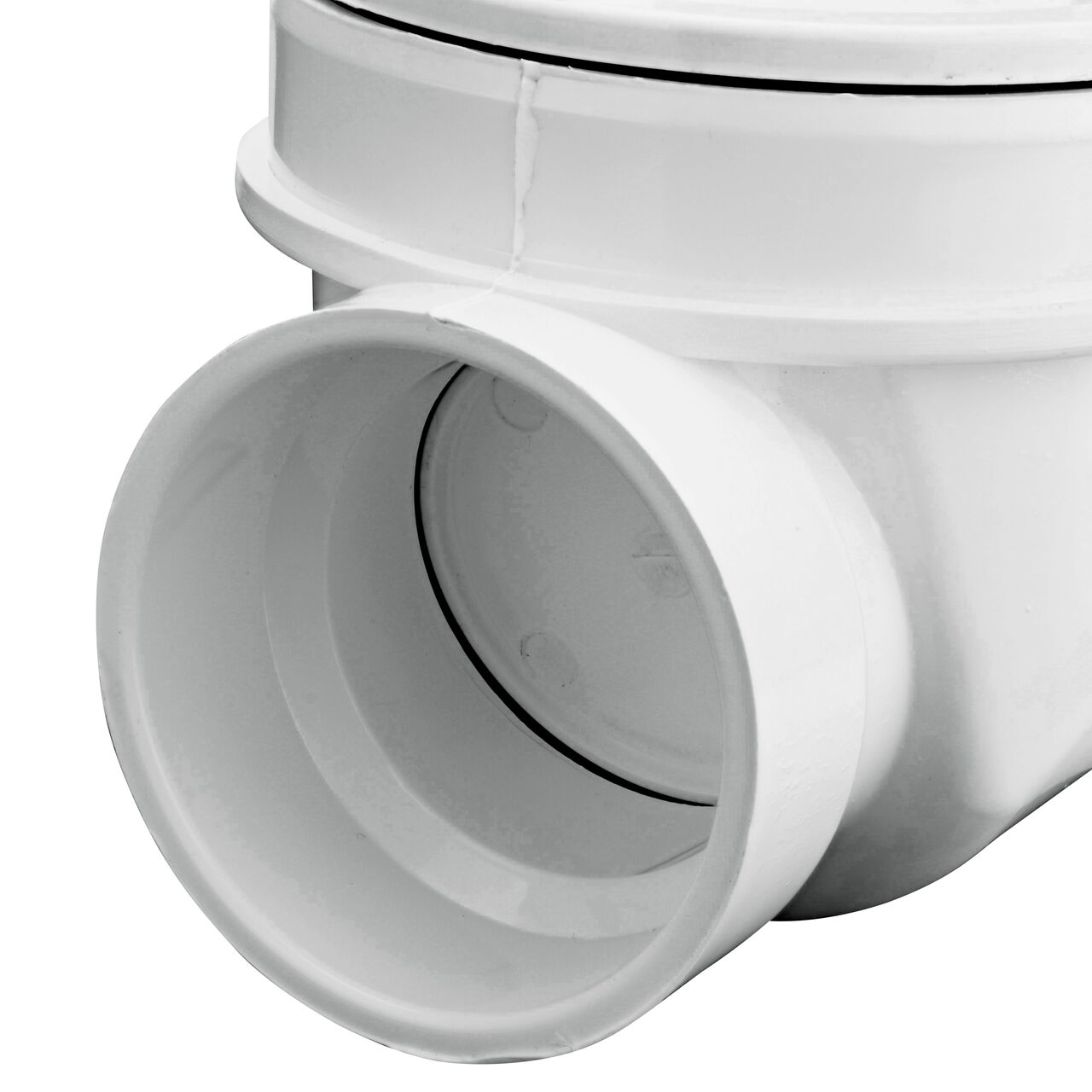 Closeup of the inlet end of the NDS White 2 in. PVC Backwater Valve (NDS 275P)