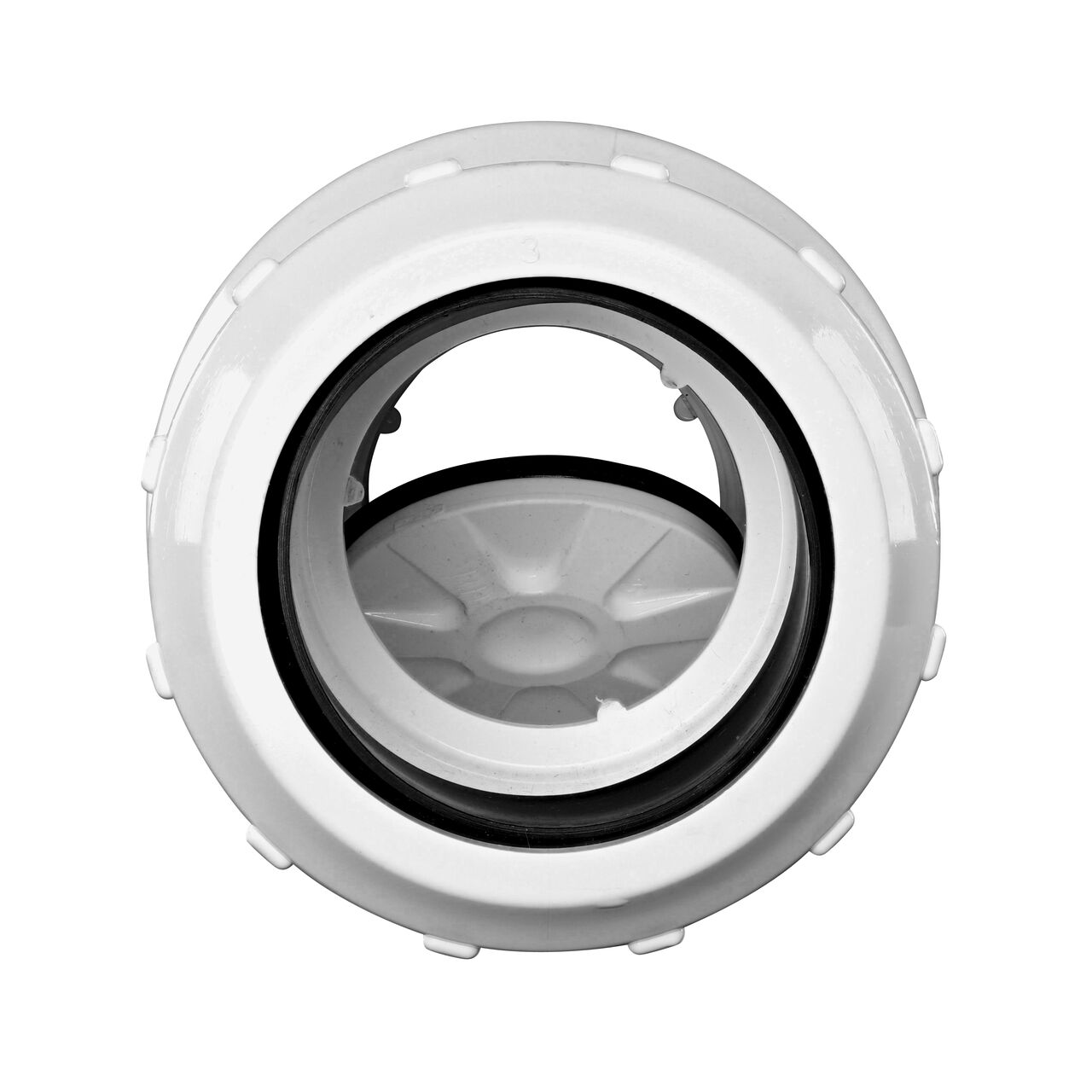 Water is conveyed through the valve as it pushes the flapper open on the NDS White 2 in. PVC Compression Swing Check Valve (NDS 1500-20)