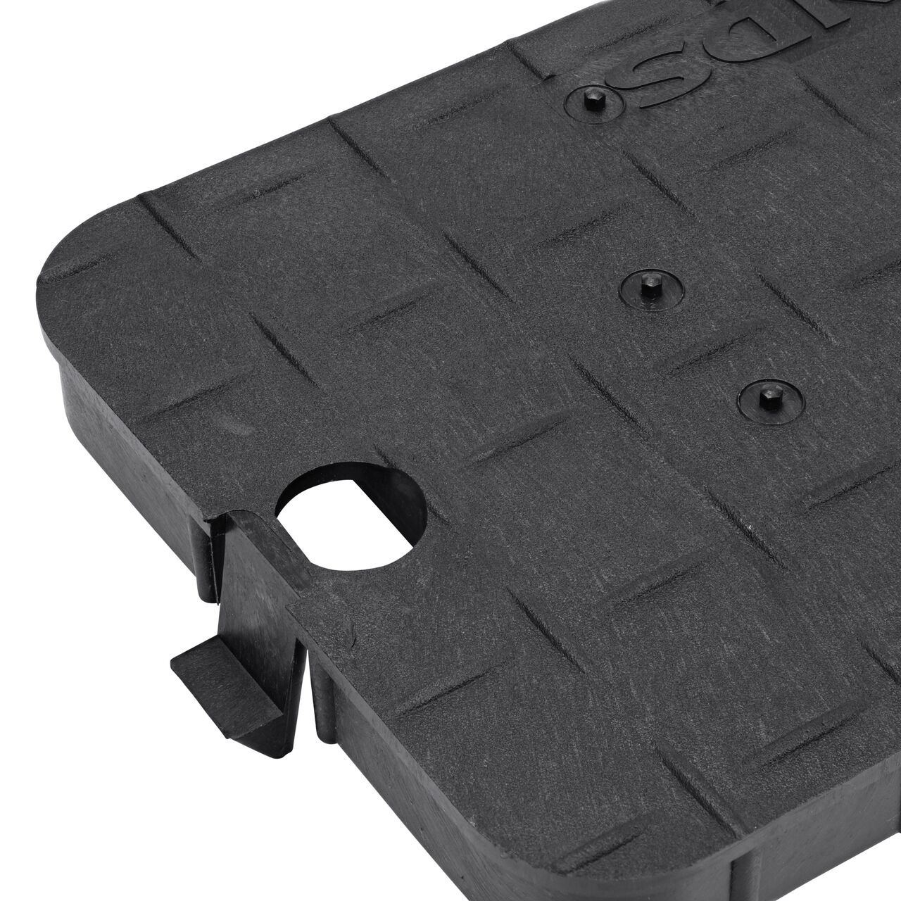 Closeup view of the the finger hole on the Black Water Meter Drop-in cover (NDS D1000-SBL) for the NDS 10 in. X 15 in. Rectangular D1000 Meter Series Box